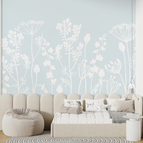 Fiori e foglie bianche su sfondo azzurro Fiori e foglie bianche su sfondo azzurro