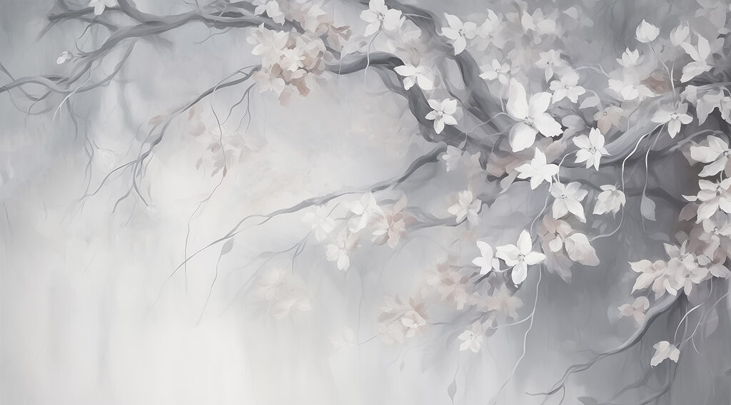 Painting of a tree with white flowers