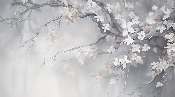 Painting of a tree with white flowers