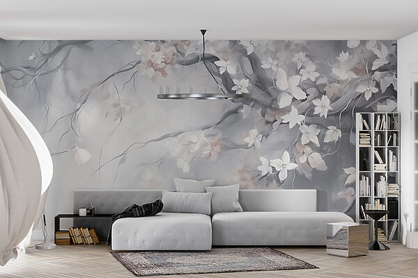 Carta da parati Pittura di un albero con fiori bianchi (COD: w02823) Carta da parati Carta da parati Pittura di un albero con fiori bianchi (COD: w02823)
