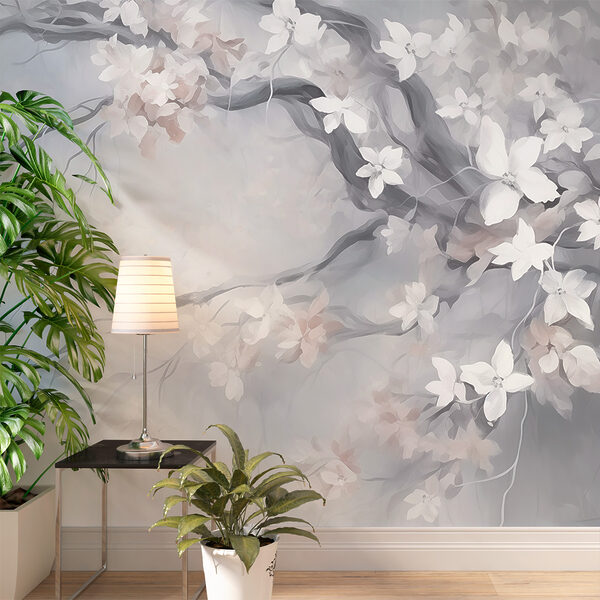 Painting of a tree with white flowers