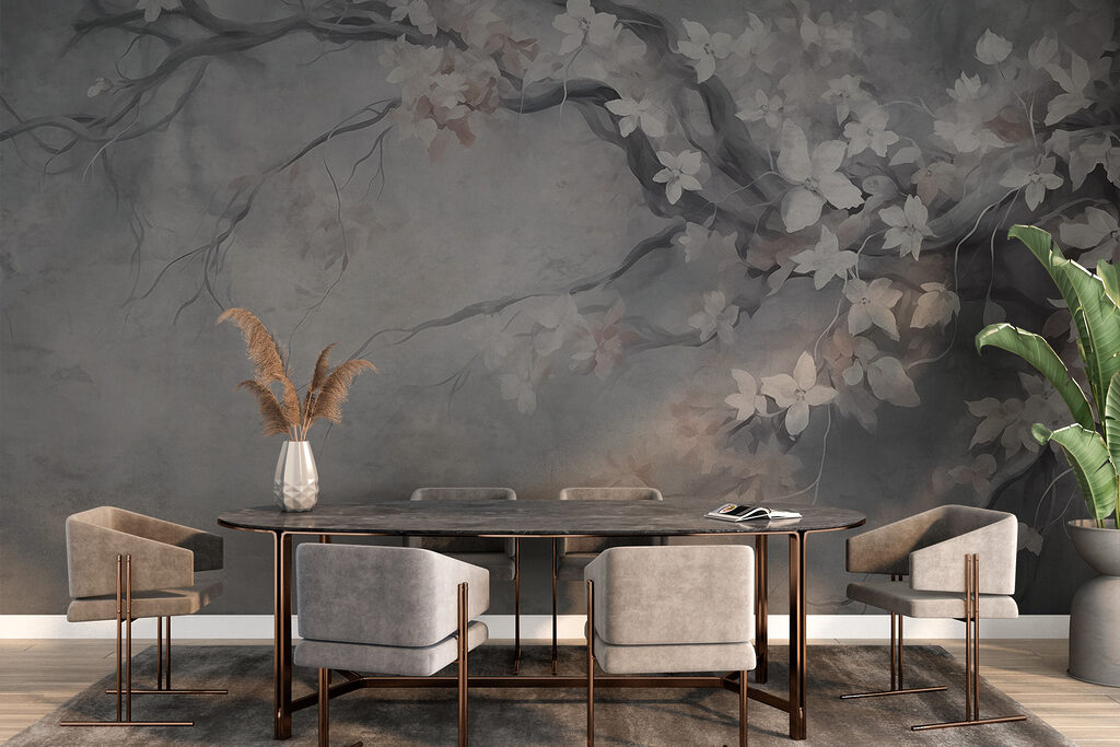 Painting of a tree with white flowers