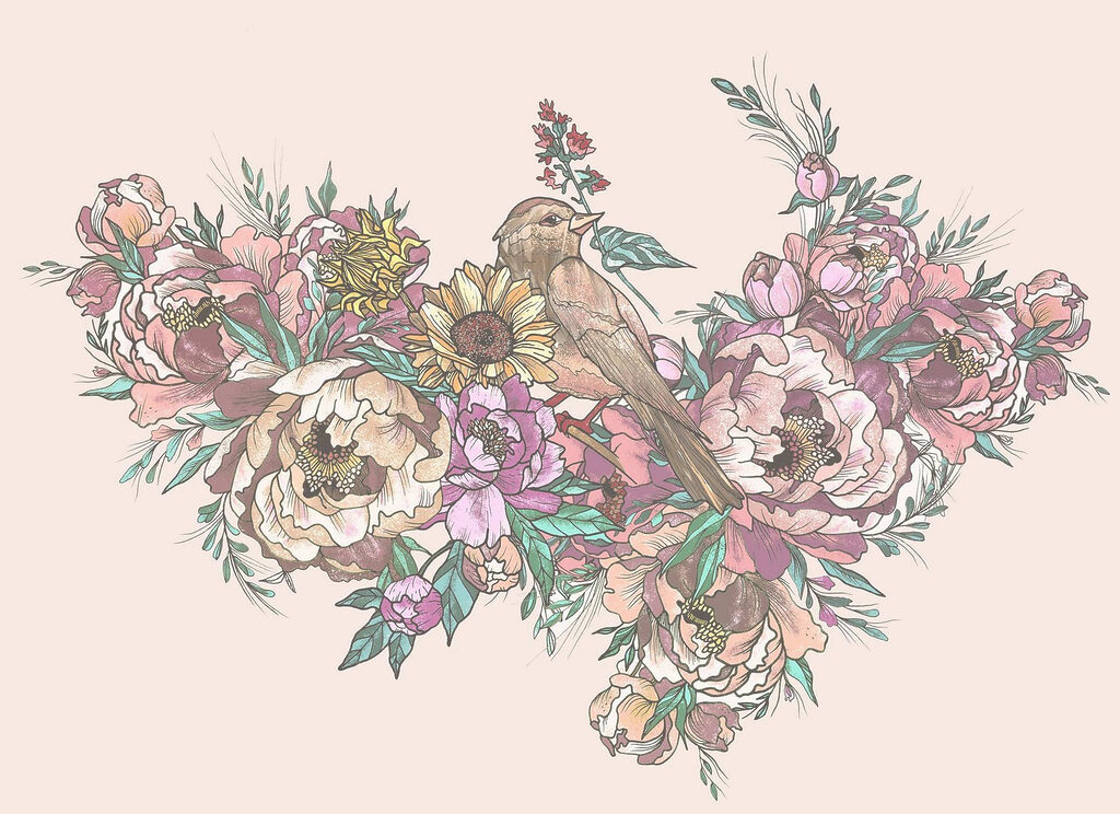 Uccello seduto su un mazzo di fiori Uccello seduto su un mazzo di fiori