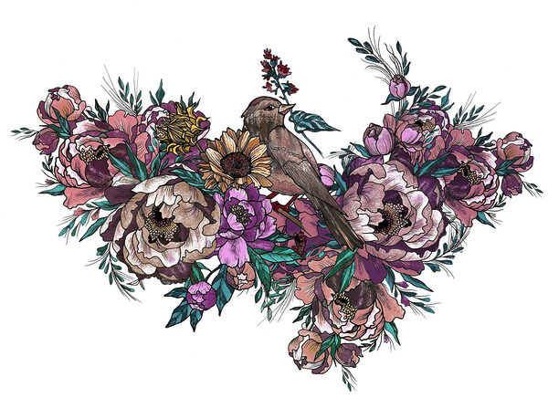 Uccello seduto su un mazzo di fiori Uccello seduto su un mazzo di fiori