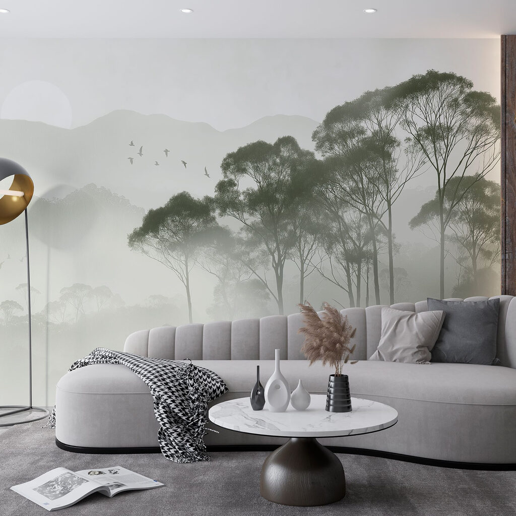 Birds flying over trees