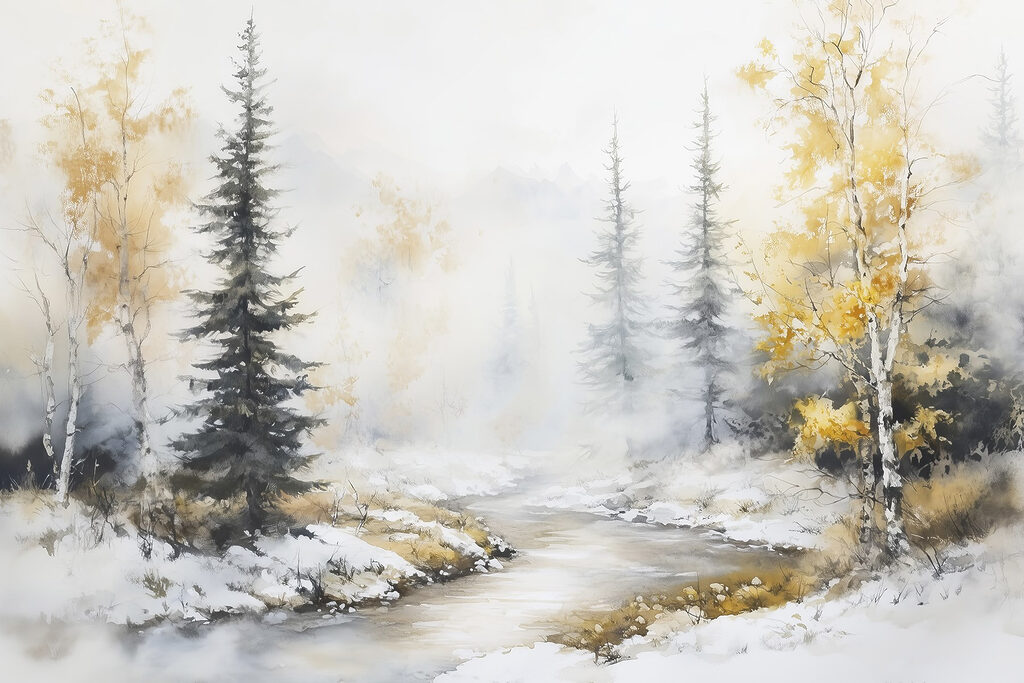 Acquerello di un fiume con alberi e neve Acquerello di un fiume con alberi e neve