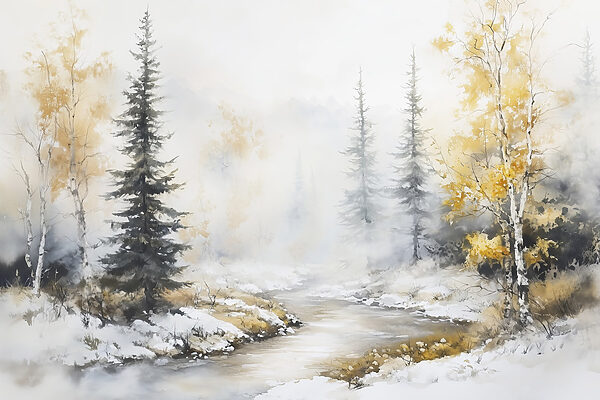 Acquerello di un fiume con alberi e neve Acquerello di un fiume con alberi e neve