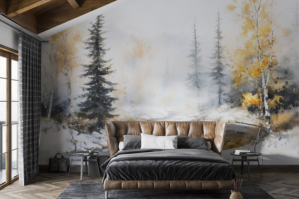 Watercolor painting of a river with trees and snow Watercolor painting of a river with trees and snow