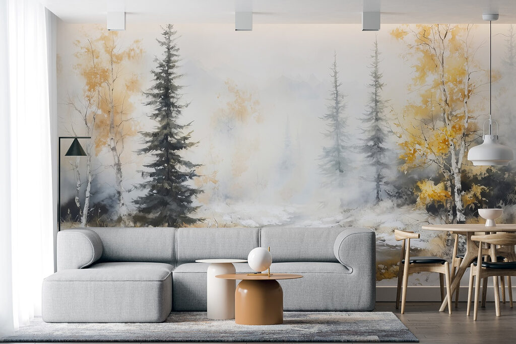 Watercolor painting of a river with trees and snow Watercolor painting of a river with trees and snow