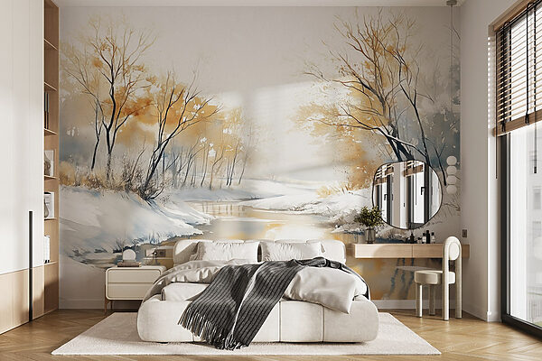 Carta da parati Carta da parati Fiume con neve e alberi (COD: w02743)