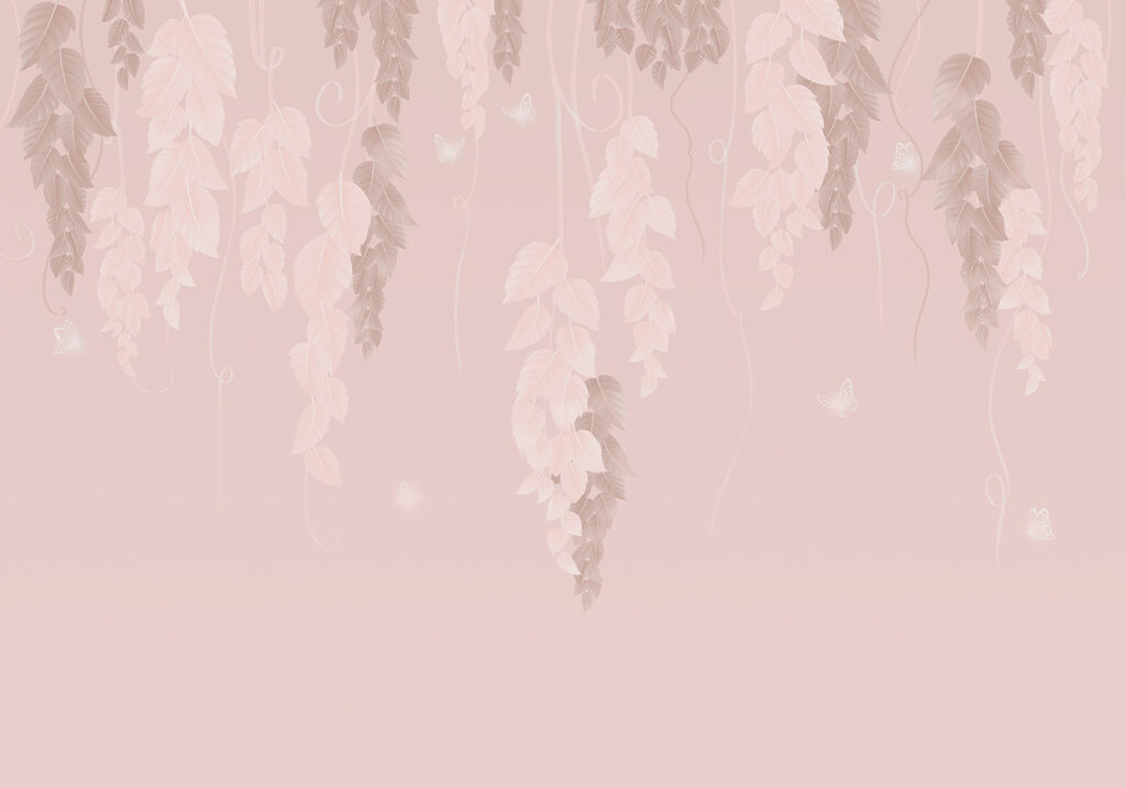 Sfondo rosa e bianco con foglie e farfalle Sfondo rosa e bianco con foglie e farfalle