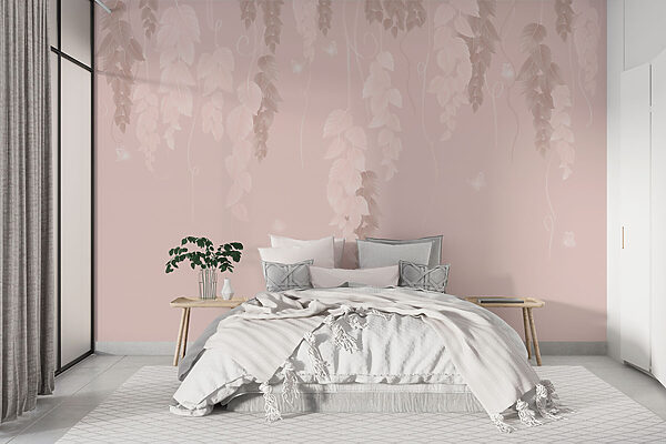 Sfondo rosa e bianco con foglie e farfalle Sfondo rosa e bianco con foglie e farfalle
