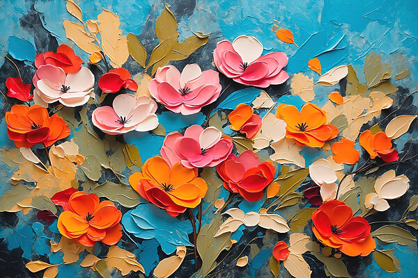 Painting of flowers on a blue surface