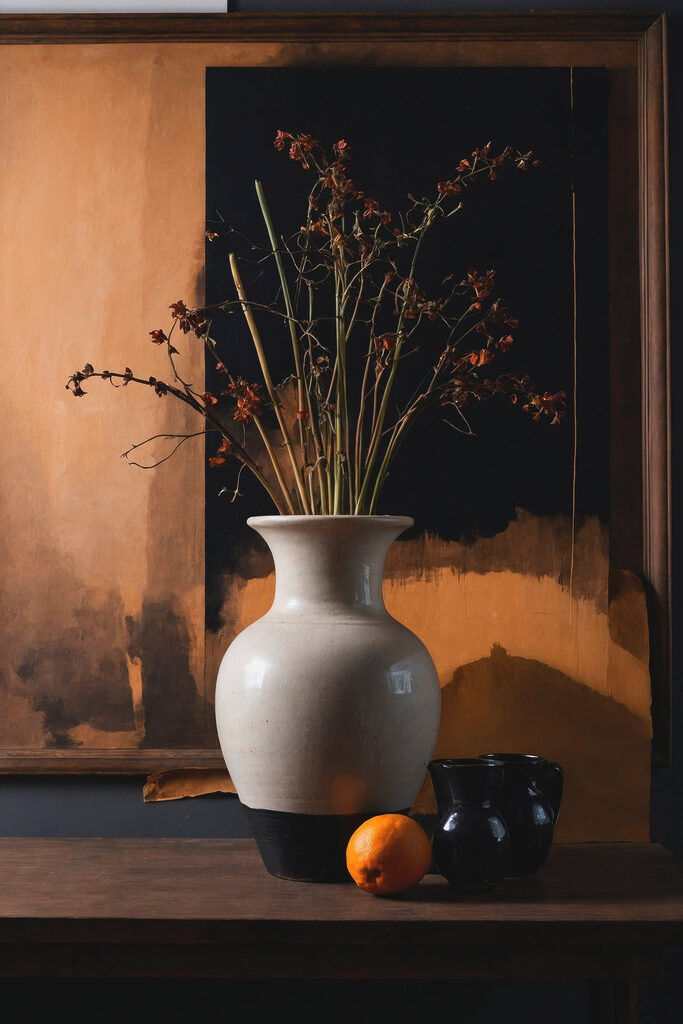 Vase with dried flowers and oranges