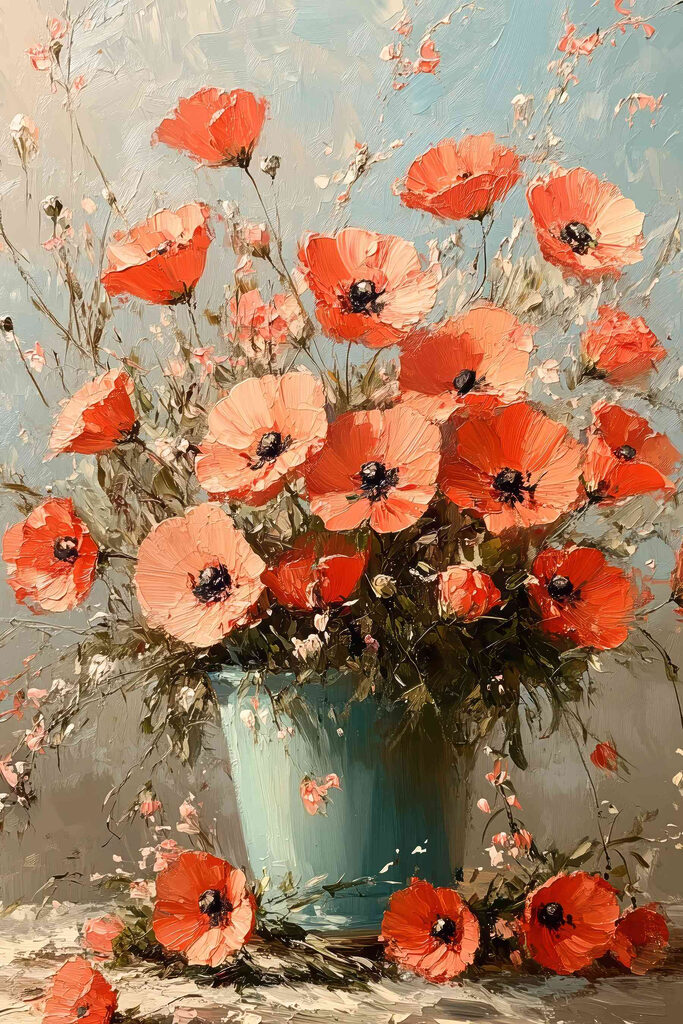 Painting of flowers in a blue vase
