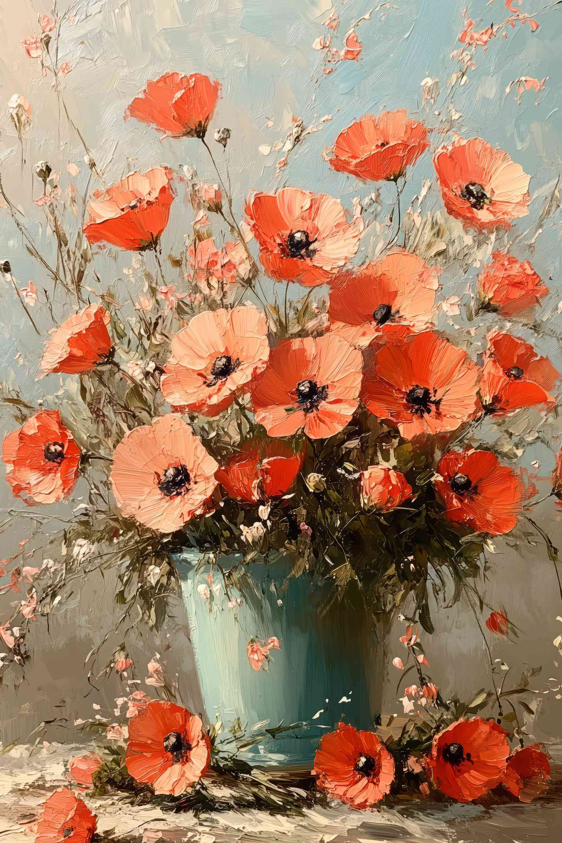 Painting of flowers in a blue vase