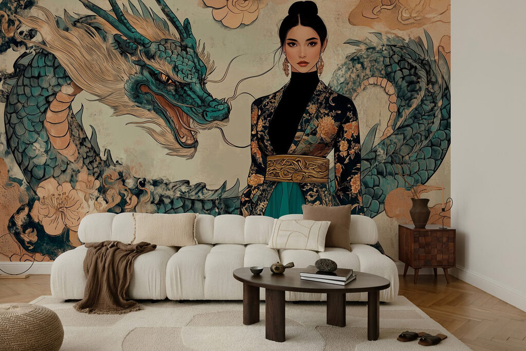 Woman in a kimono and a dragon