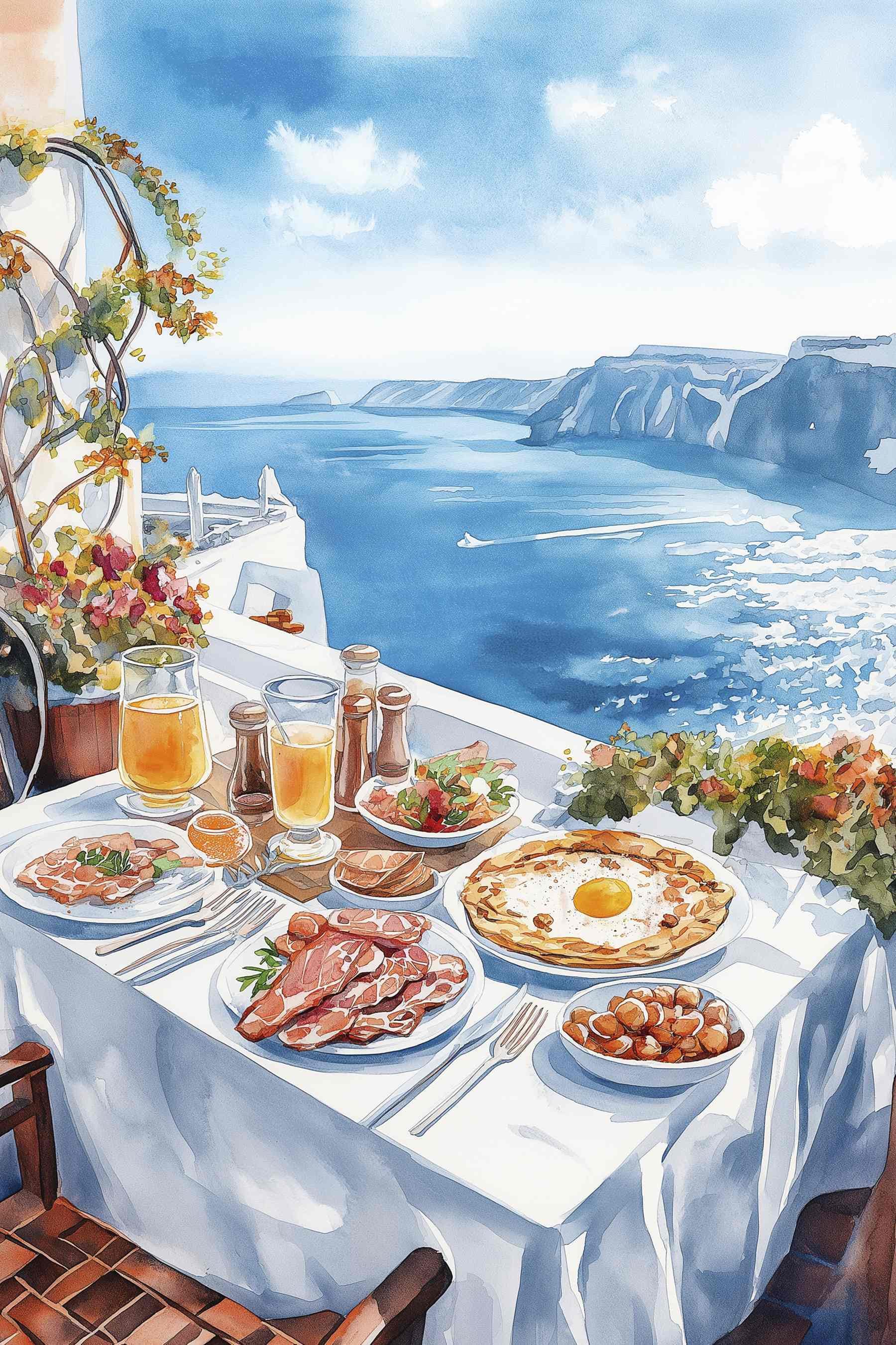 Watercolor painting of food on a table overlooking a body of water