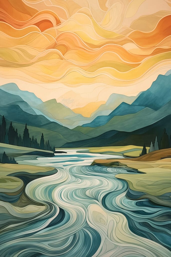Painting of a river running through a valley Painting of a river running through a valley