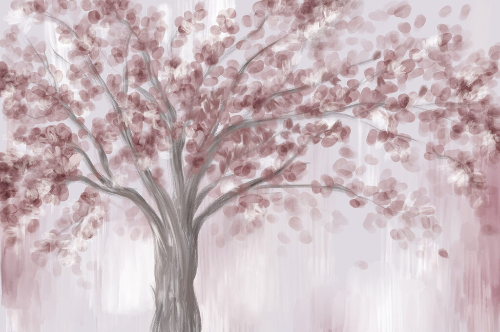 Pittura di un albero con foglie rosa Pittura di un albero con foglie rosa