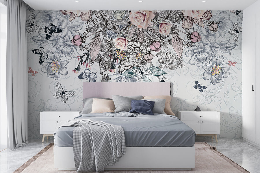 Gruppo di fiori e farfalle