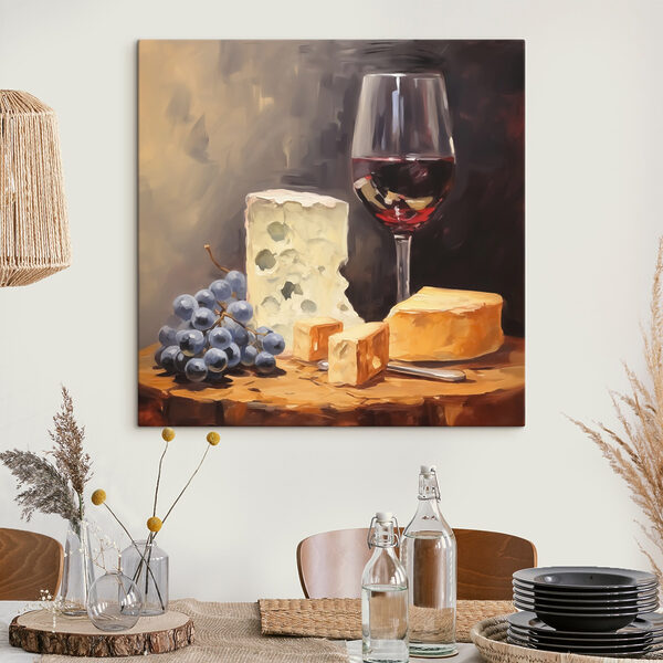 Quadri Quadri Un bicchiere di vino e del formaggio su un tavolo (COD: s42415)