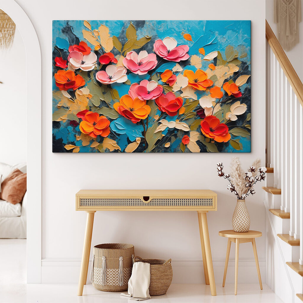 Painting of flowers on a blue surface