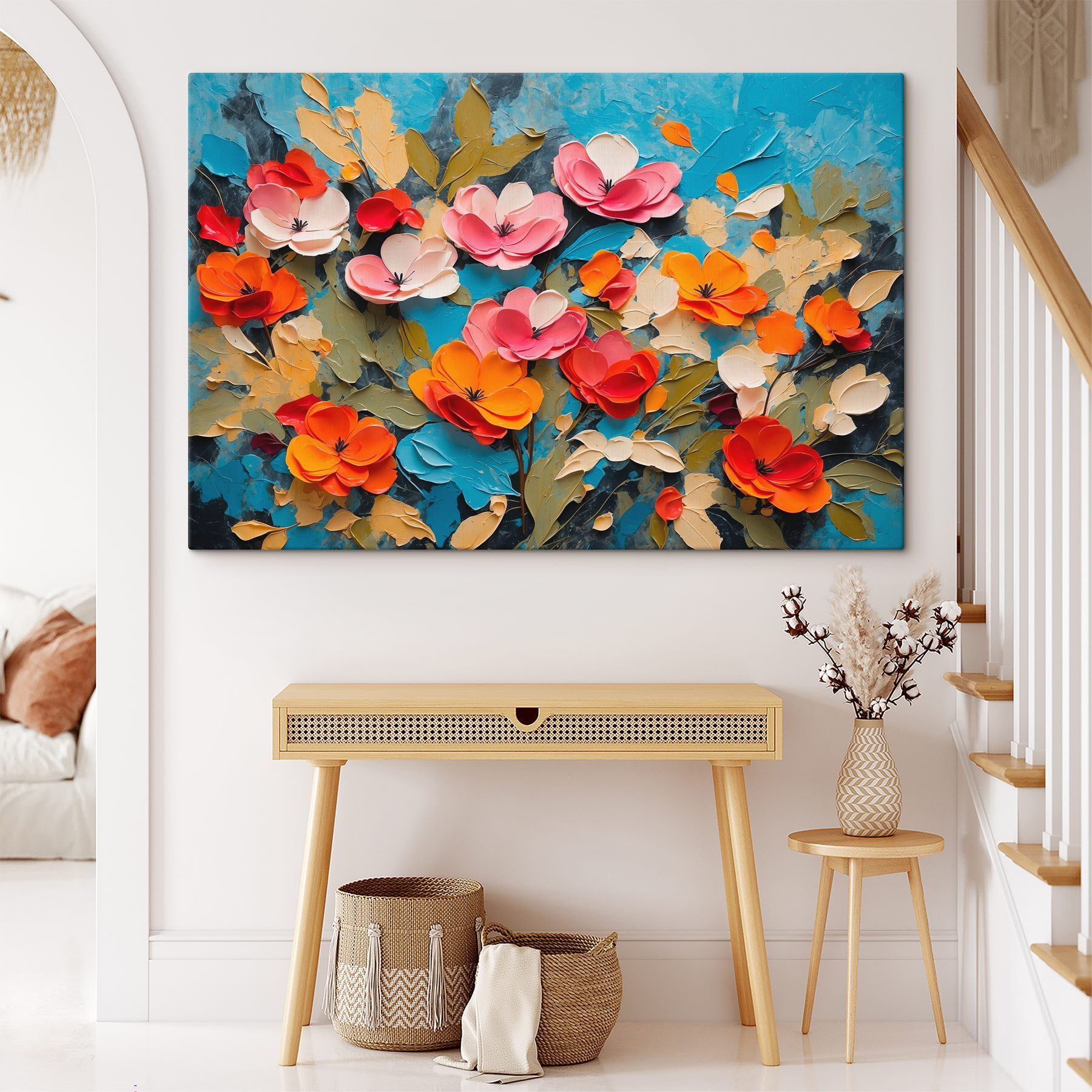 Painting of flowers on a blue surface