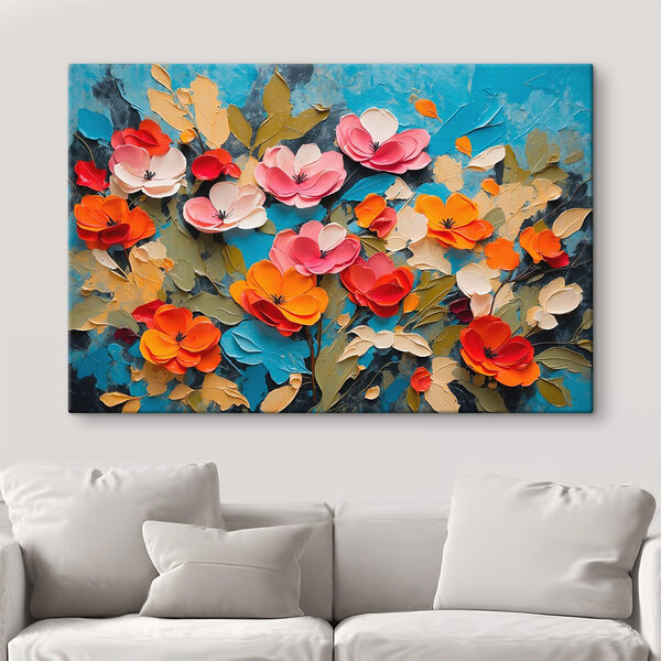 Painting of flowers on a blue surface