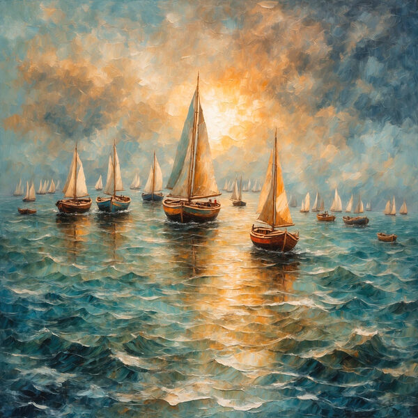Painting of boats on the water