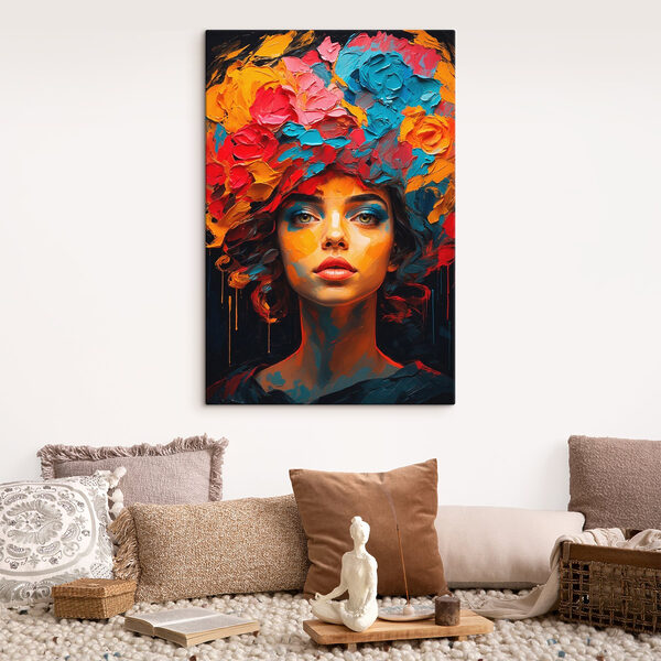 Woman with colorful flowers on her head