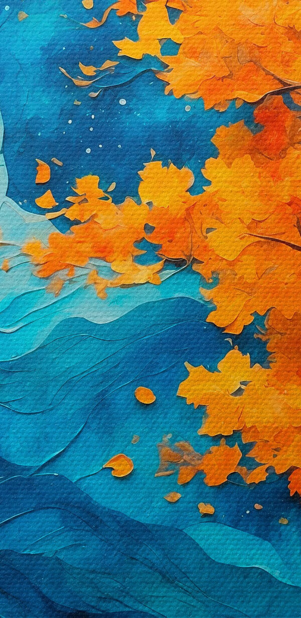 Painting of a tree with orange leaves and blue mountains