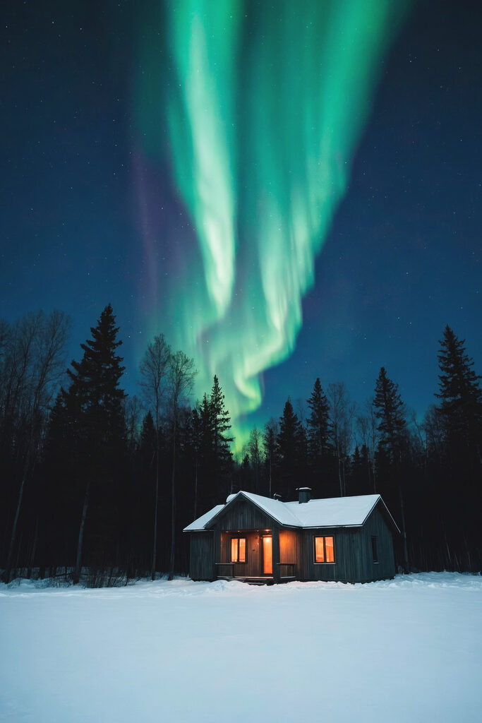 House in the snow with green lights in the sky House in the snow with green lights in the sky