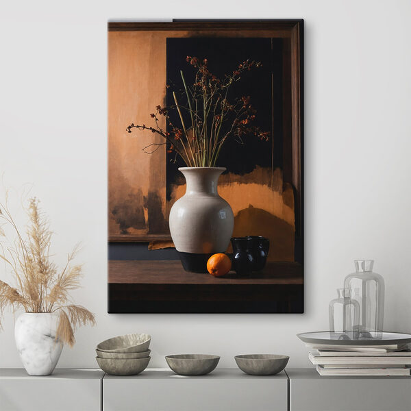Vase with dried flowers and oranges