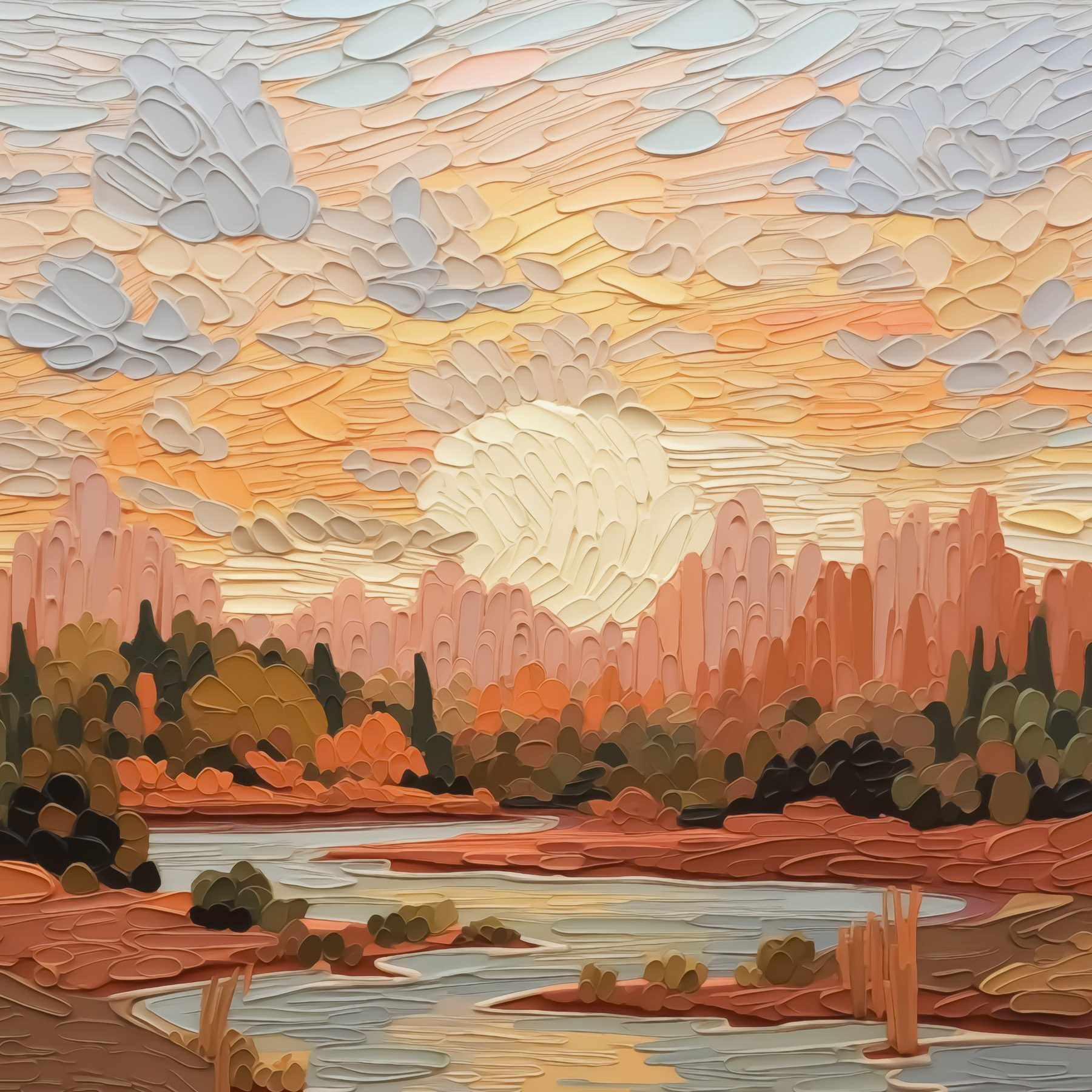 Painting of a river and trees Painting of a river and trees