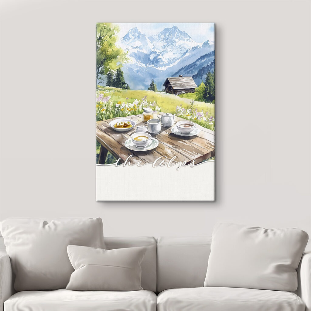 Table with food on it and a house in the background