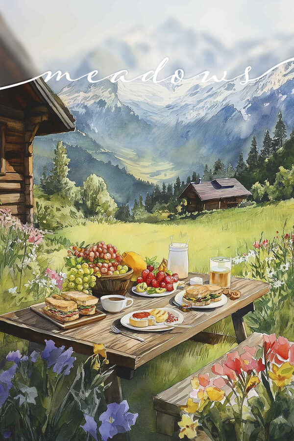Table with food and drinks on it in front of a house Table with food and drinks on it in front of a house