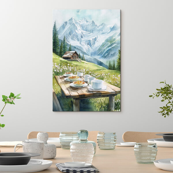 Table with plates of food and cups on it with mountains in the background Table with plates of food and cups on it with mountains in the background