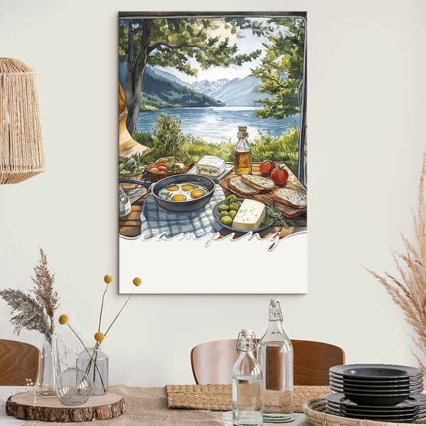 Table with food on it by a lake