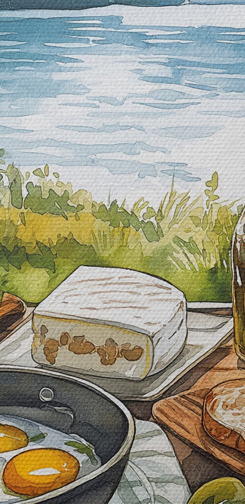 Table with food on it by a lake