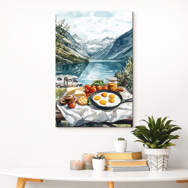 Food on a table next to a lake Food on a table next to a lake