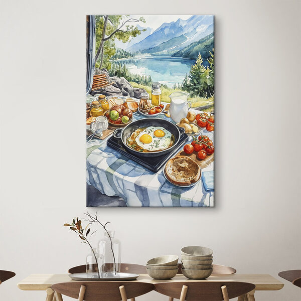 Quadri Una padella con del cibo e una padella con delle uova su un tavolo, con un lago sullo sfondo (COD: s42432) Quadri Quadri Una padella con del cibo e una padella con delle uova su un tavolo, con un lago sullo sfondo (COD: s42432)