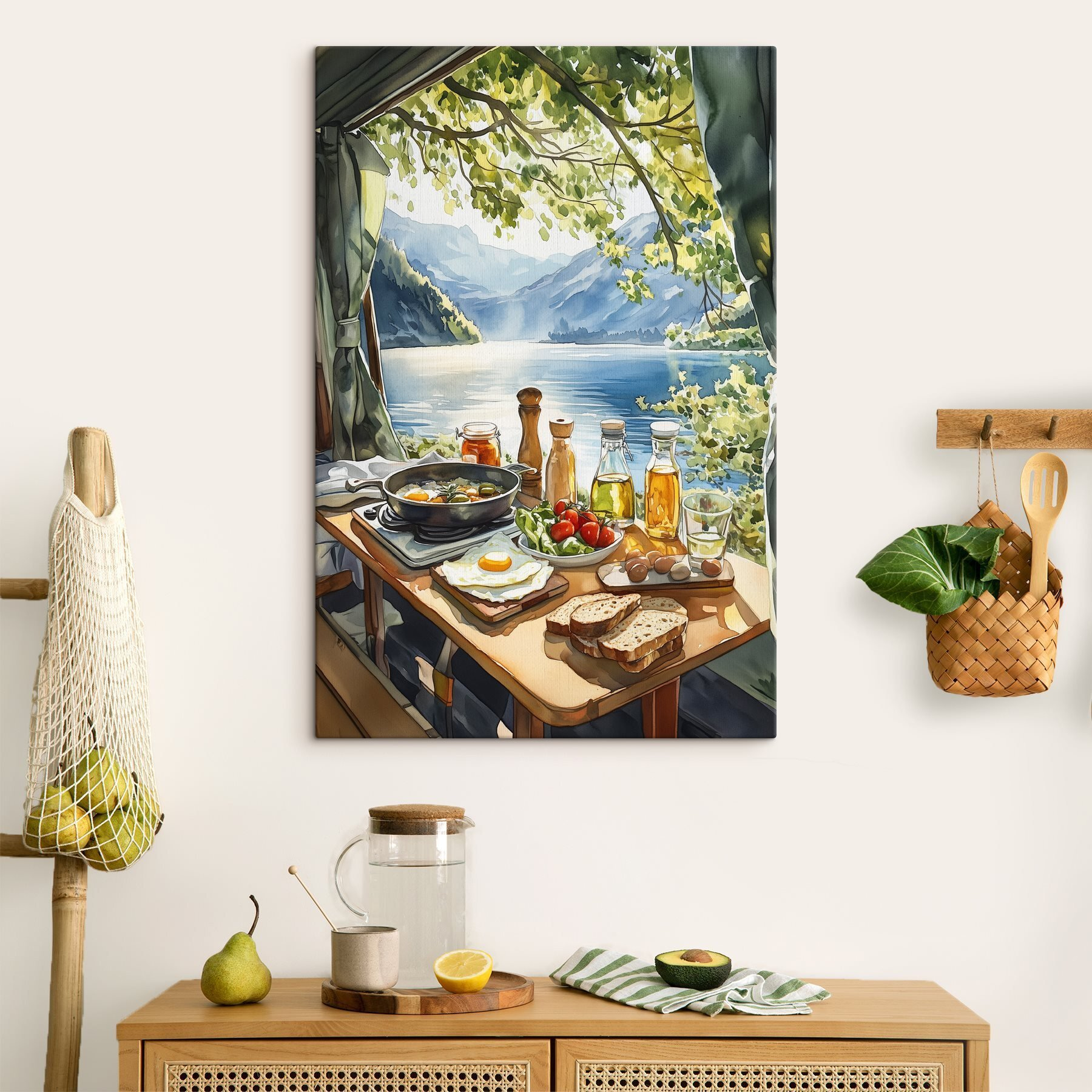 Table with food and drinks on it by a lake