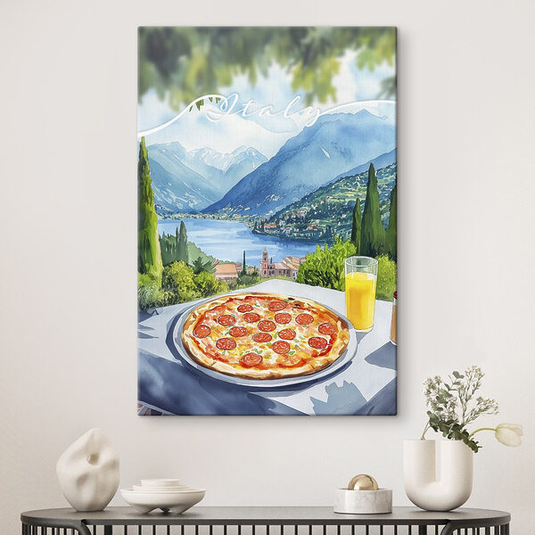 Quadri Quadri Pizza e succo di frutta su un tavolo tra montagne e alberi (COD: s42435)