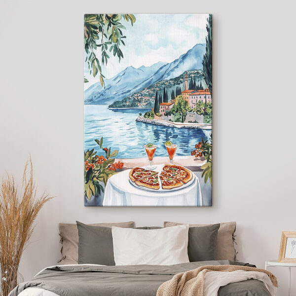 Quadri Quadri Acquerello raffigurante un tavolo con del cibo e un lago sullo sfondo (COD: s42437)