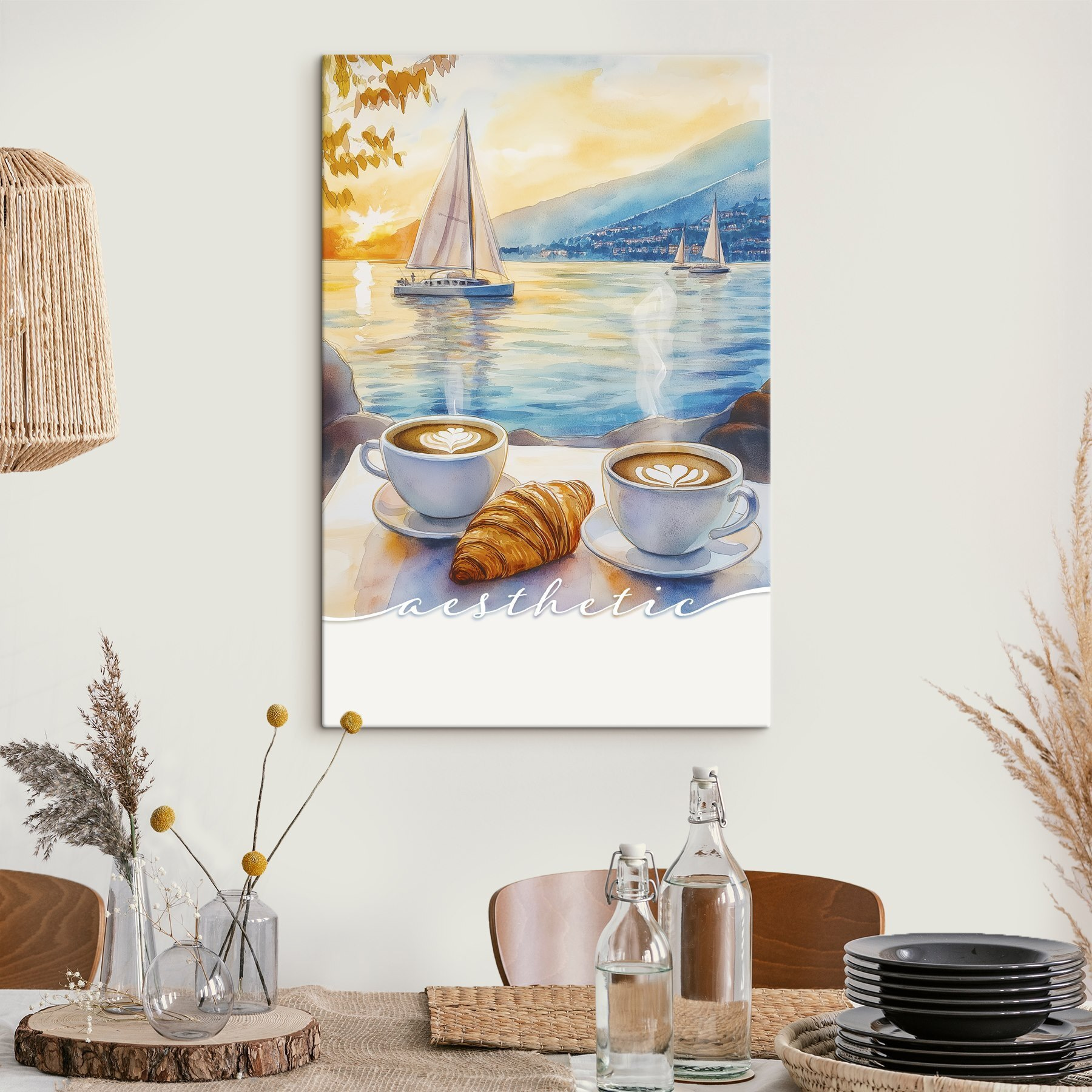 Two cups of coffee and croissant on a table with a sailboat in the background