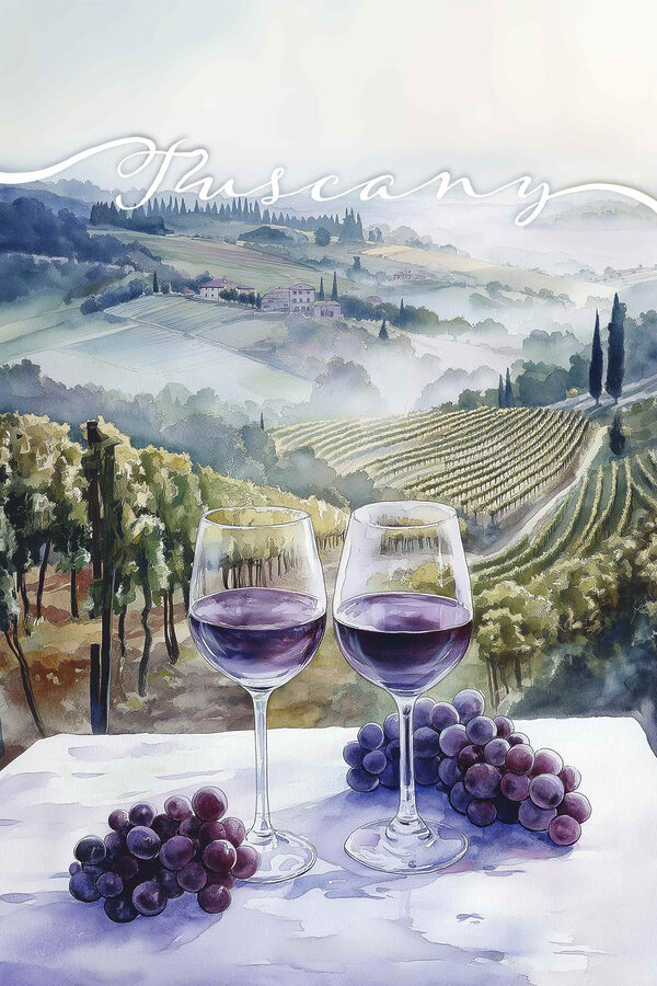 Watercolor painting of wine glasses and grapes on a table Watercolor painting of wine glasses and grapes on a table