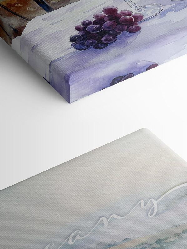 Watercolor painting of wine glasses and grapes on a table Watercolor painting of wine glasses and grapes on a table