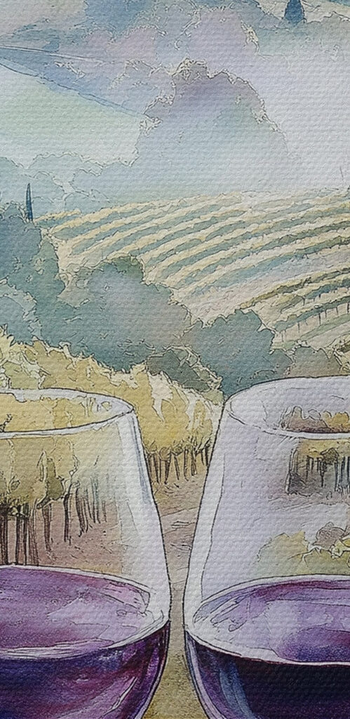 Watercolor painting of wine glasses and grapes on a table Watercolor painting of wine glasses and grapes on a table