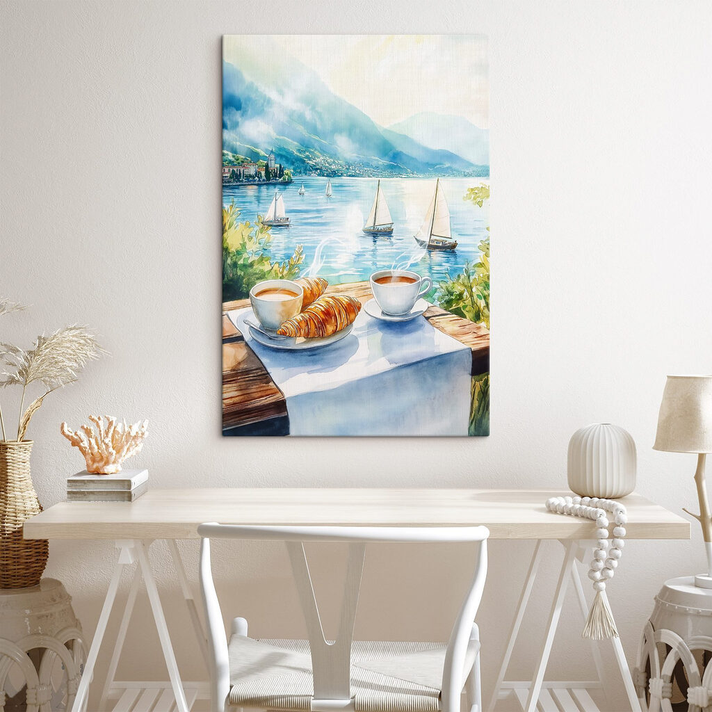 Watercolor painting of a table with coffee and croissants on it Watercolor painting of a table with coffee and croissants on it